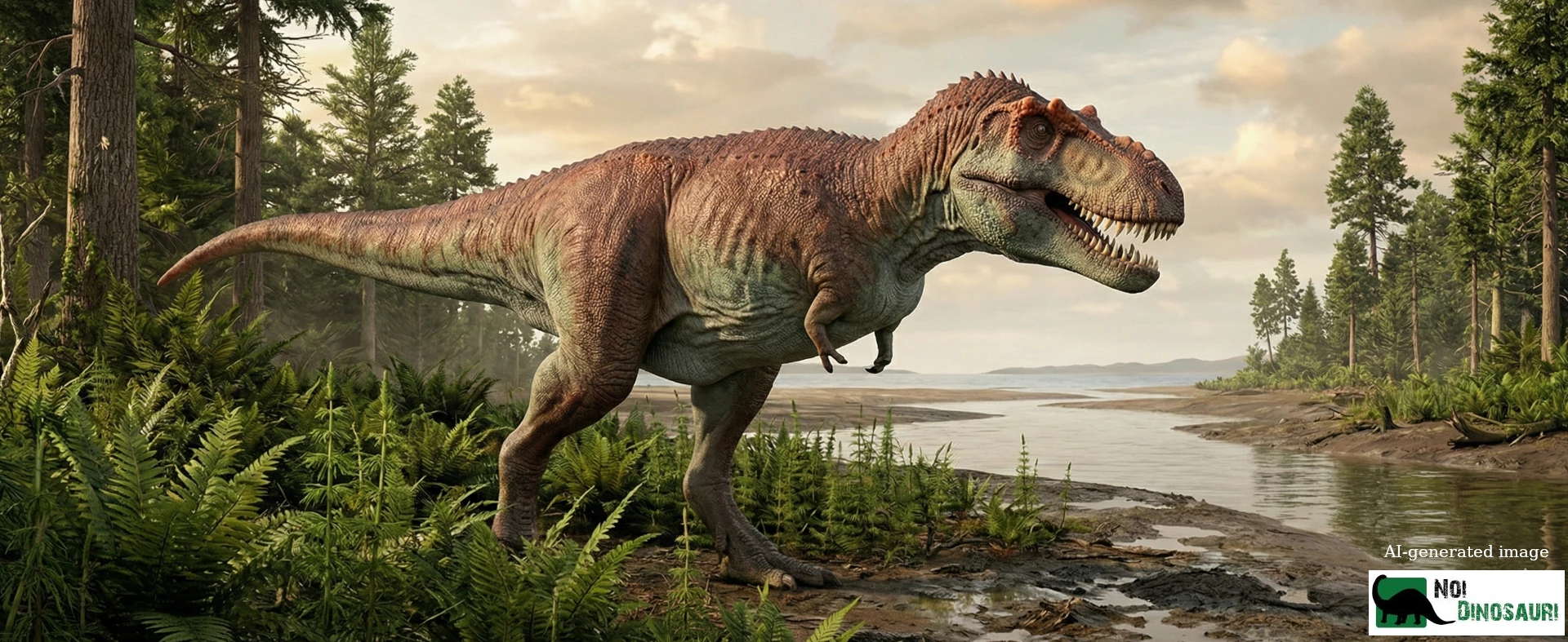 Albertosaurus vicino ad un corso d'acqua della Laramidia