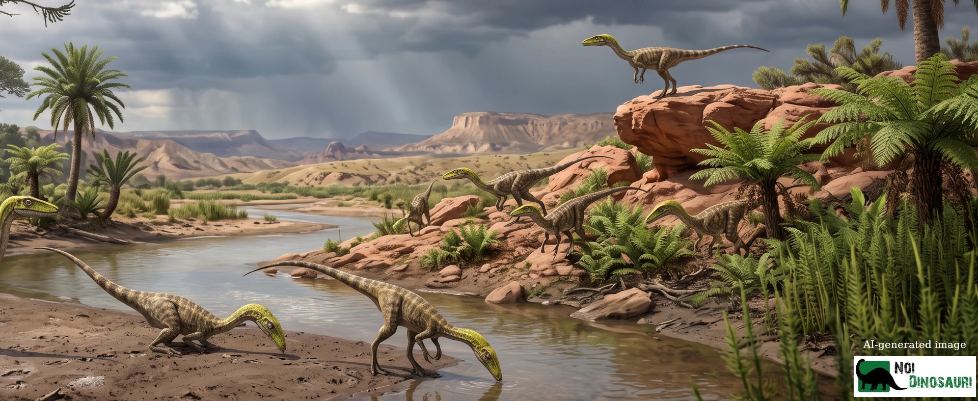 Gruppo di Coelophysis vicino ad un torrente della pianura alluvionale