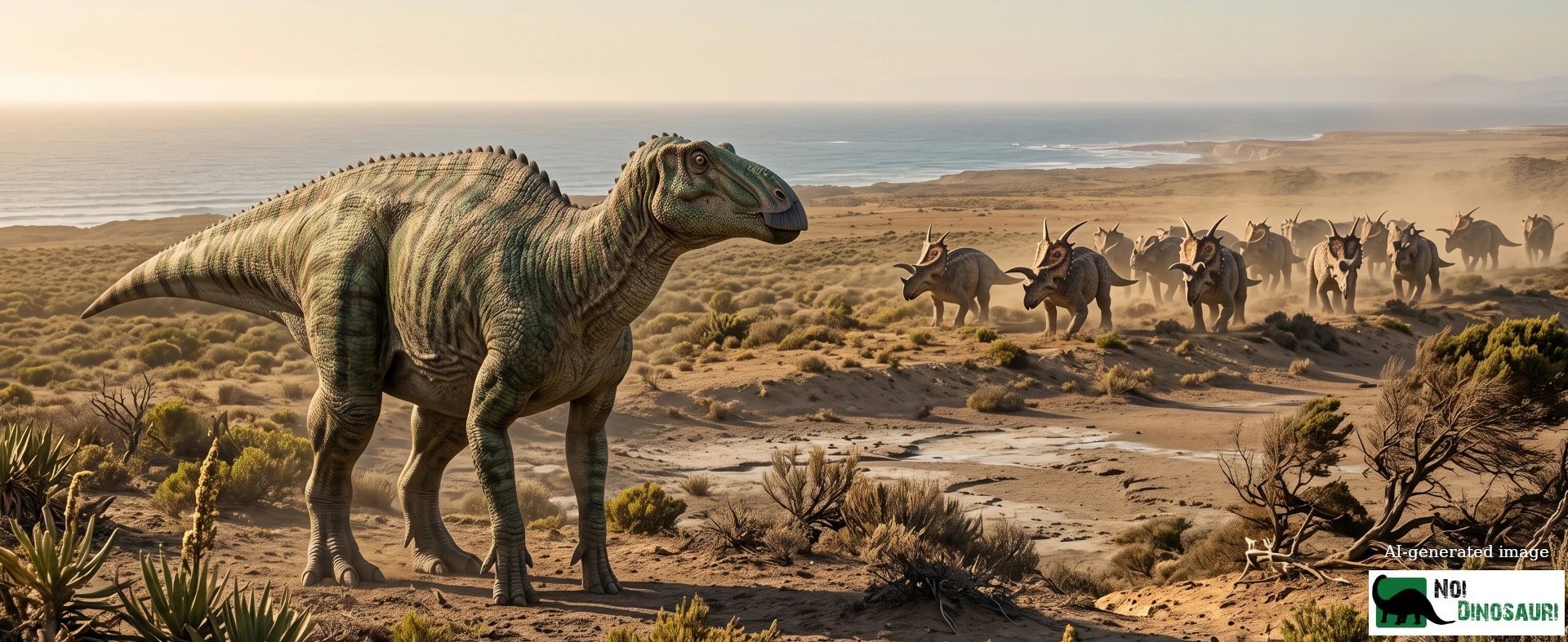 Maiasaura in una pianura costiera, che osserva un branco di Einiosaurus