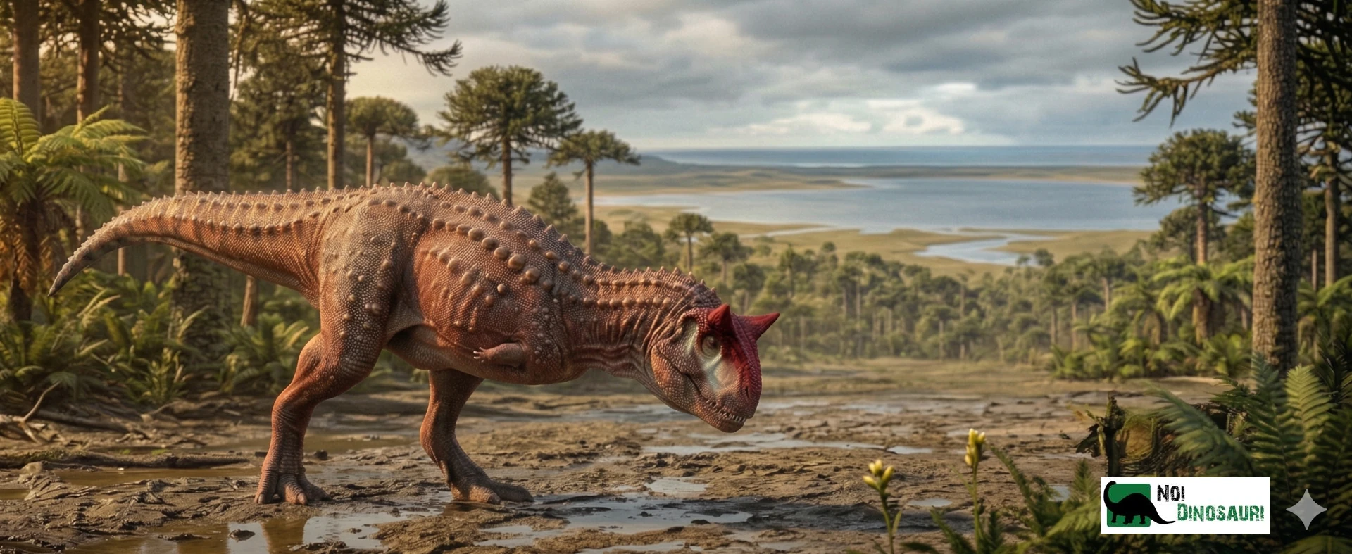 Ricostruzione: Carnotaurus nel tardo Cretaceo, cammina nel fango tra conifere. AI-Generated.