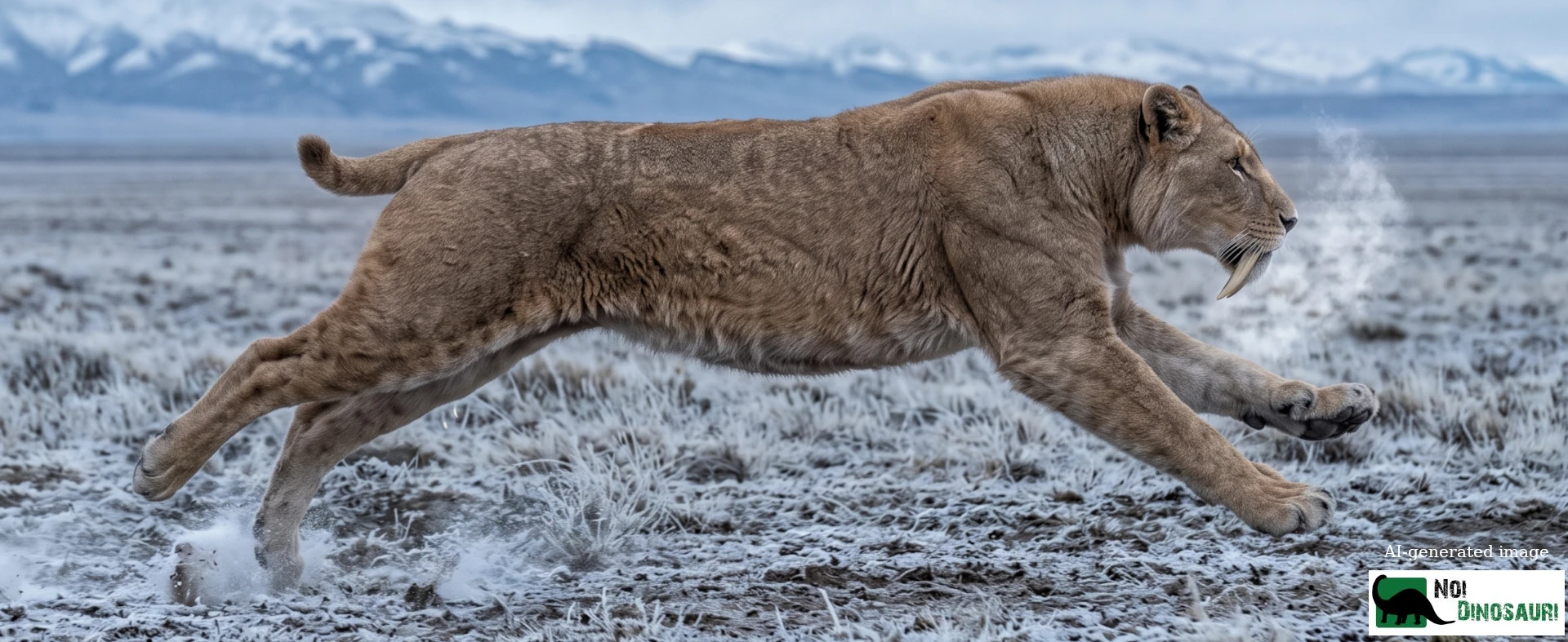 Tigre dai denti a sciabola che corre nella fredda steppa