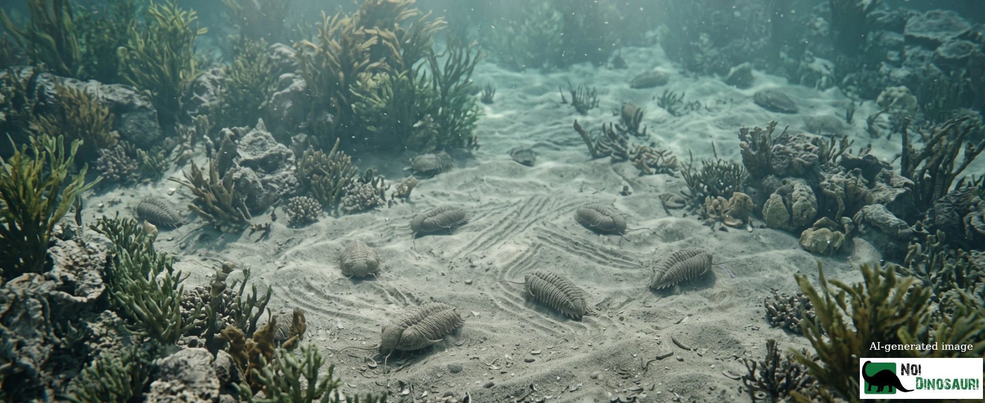 Vista dall'alto di gruppo di trilobiti che si muovono sul fondale sabbioso e lasciano il  segno del loro passaggio
