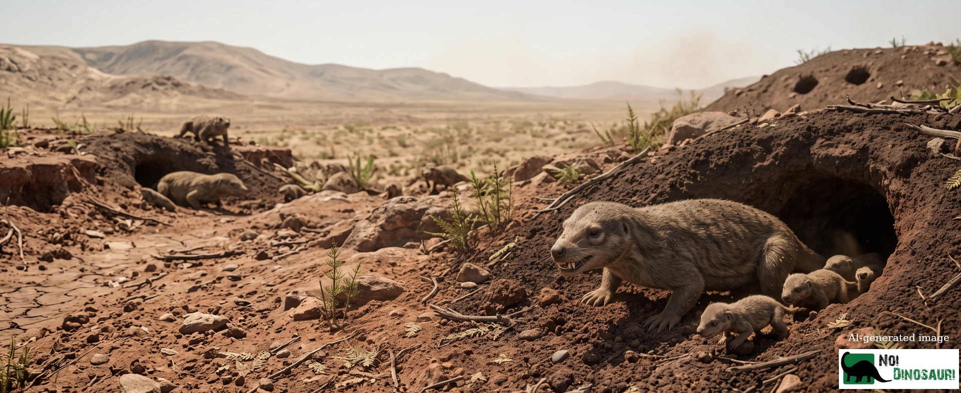 Thrinaxodon con cuccioli in uscita dalla tana