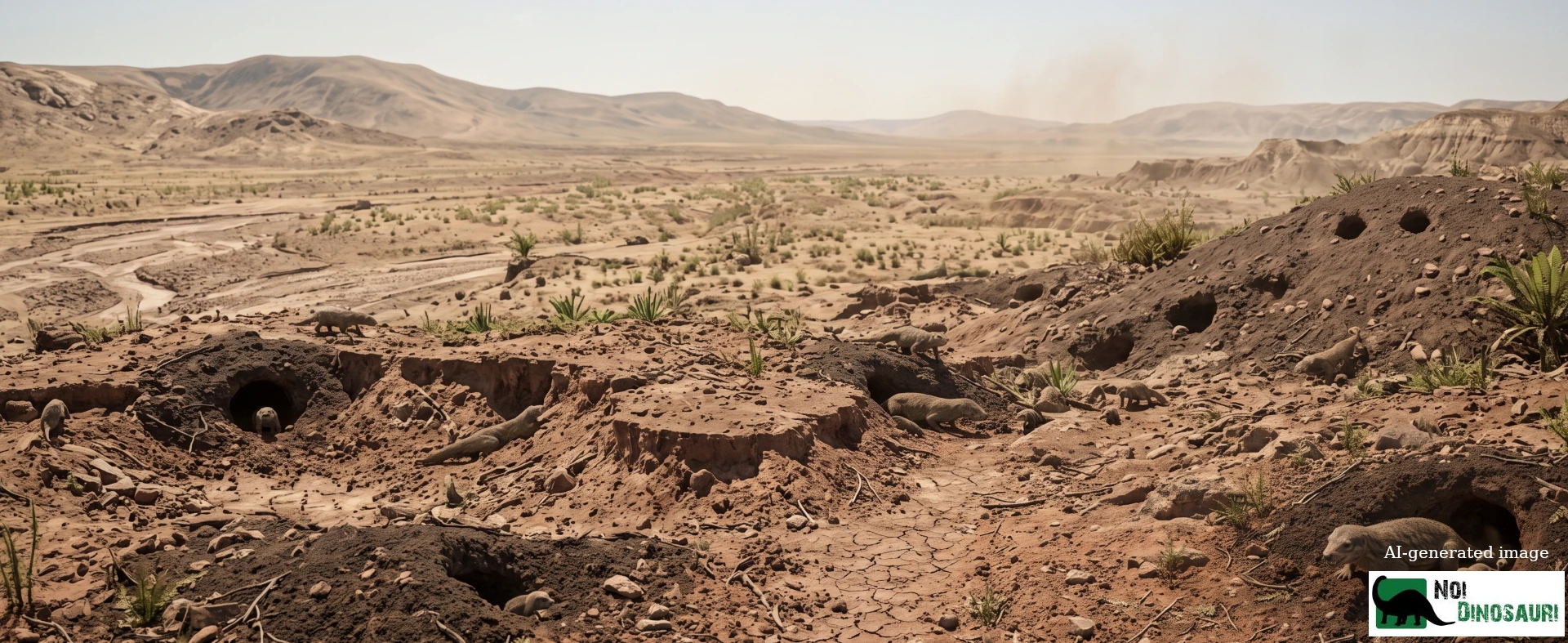 Vista di una pianura semiarida, ricca di tane di Thrinaxodon