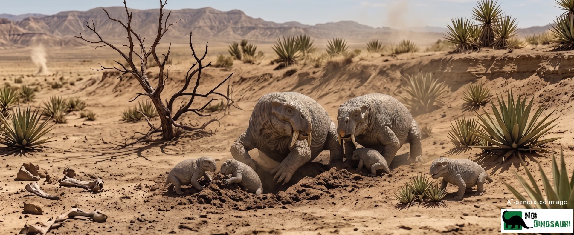 Famiglia di Lystrosaurus murrayi intenti a scavare alla ricerca di cibo