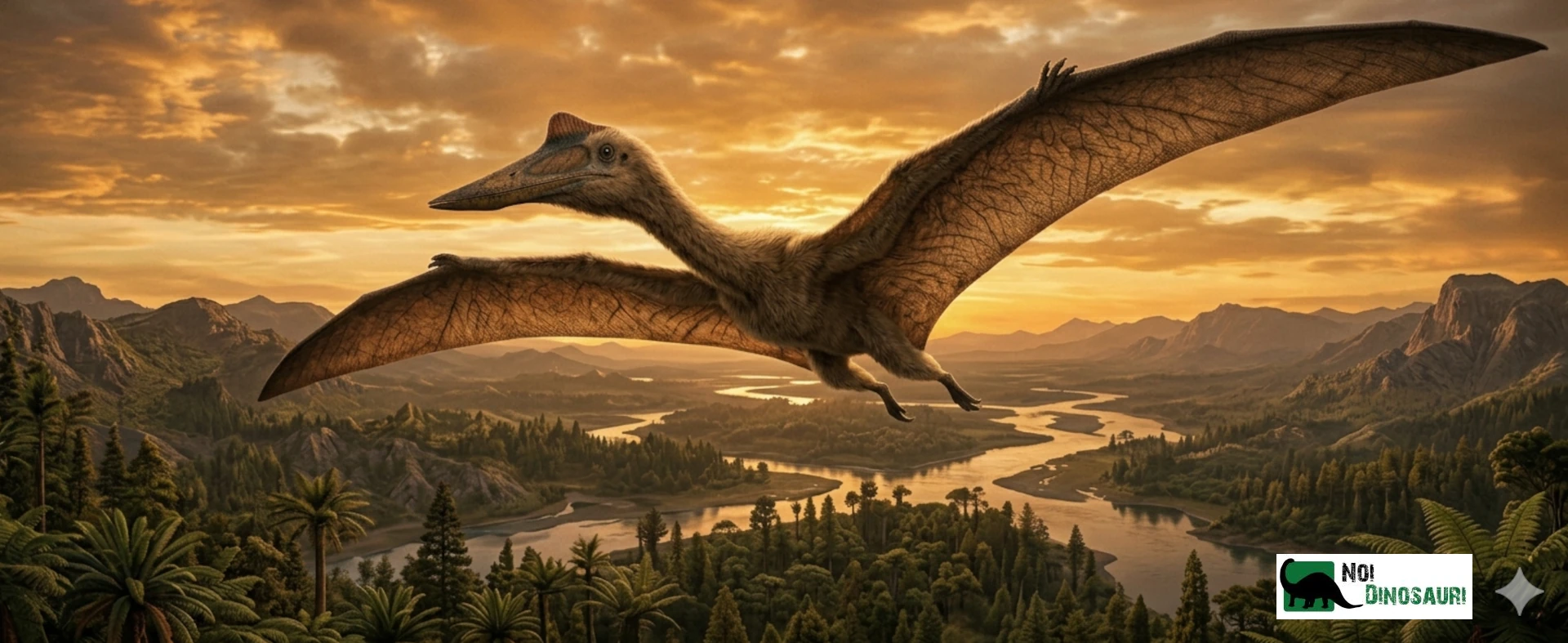 Un gigantesco pterosauro che si libra in volo sopra un vasto paesaggio giurassico, con le sue enormi ali.