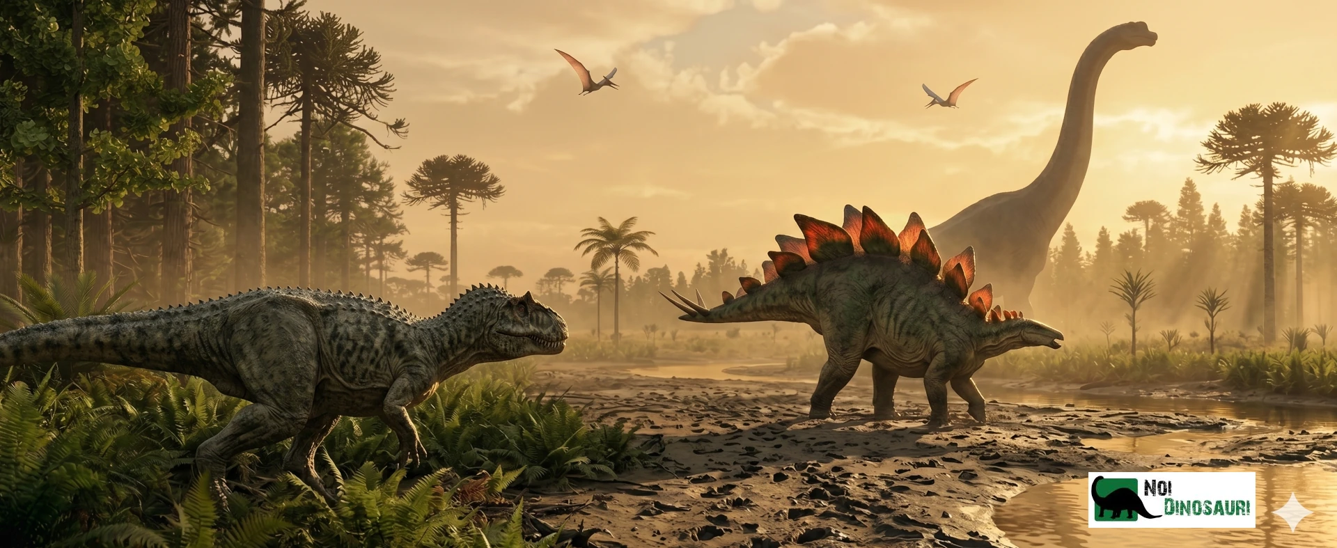 Allosauro spunta dalla foresta e punta uno Stegosauro, che si avvicina ad un corso d'acqua. Sullo sfondo un Brachiosauro e nell'alba del cielo, degli pterosauri.